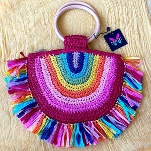 Brand New Mari Colorful Rainbow Straw Zippered Purse Wooden Handles Lightweight